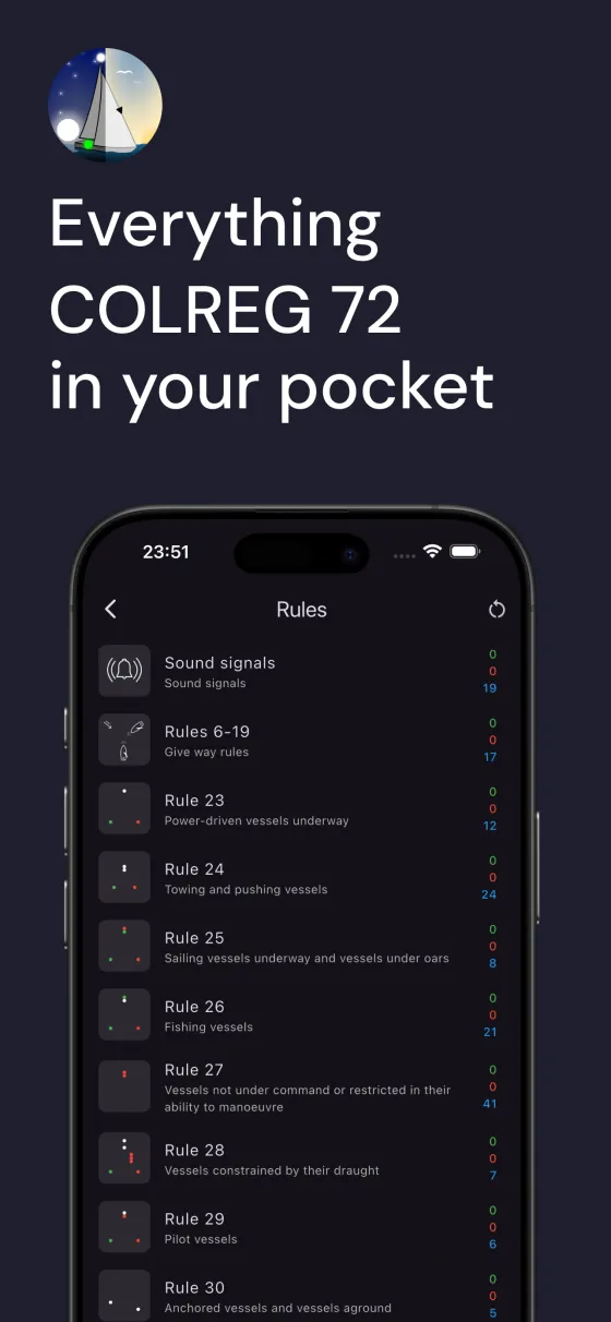 COLREG 72 app practice screen